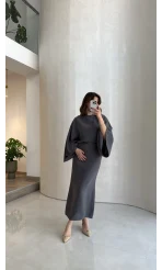 Dökümlü Beli Bağlamalı Modal Elbise - Antrasit - Kod: 1042