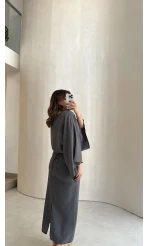 Dökümlü Beli Bağlamalı Modal Elbise - Antrasit - Kod: 1042