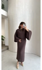 Dökümlü Beli Bağlamalı Modal Elbise - Kahve - Kod: 1042