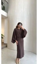 Dökümlü Beli Bağlamalı Modal Elbise - Kahve - Kod: 1042