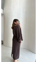 Dökümlü Beli Bağlamalı Modal Elbise - Kahve - Kod: 1042