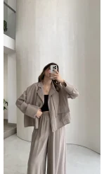Tek Cepli Şal Yaka Modal Kumaş Takım - Vizon - Kod: 51338