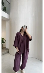 Sobremesa Pelerin Bluz- Pantolon Takım - Mürdüm - Kod: 51337