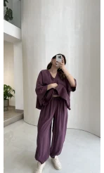 Sobremesa Pelerin Bluz- Pantolon Takım - Mürdüm - Kod: 51337