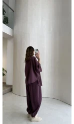 Sobremesa Pelerin Bluz- Pantolon Takım - Mürdüm - Kod: 51337