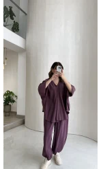 Sobremesa Pelerin Bluz- Pantolon Takım - Mürdüm - Kod: 51337