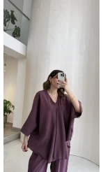 Sobremesa Pelerin Bluz- Pantolon Takım - Mürdüm - Kod: 51337