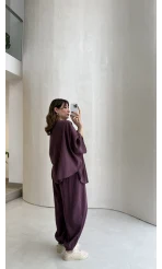 Sobremesa Pelerin Bluz- Pantolon Takım - Mürdüm - Kod: 51337