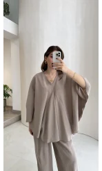 Sobremesa Pelerin Bluz- Pantolon Takım - Vizon - Kod: 51337