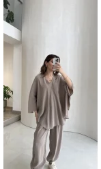 Sobremesa Pelerin Bluz- Pantolon Takım - Vizon - Kod: 51337