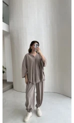 Sobremesa Pelerin Bluz- Pantolon Takım - Vizon - Kod: 51337