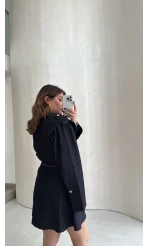 Gold Düğmeli Kemerli Denim Mini Elbise - Lacivert - Kod: 5005