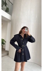 Gold Düğmeli Kemerli Denim Mini Elbise - Lacivert - Kod: 5005