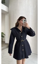 Gold Düğmeli Kemerli Denim Mini Elbise - Lacivert - Kod: 5005