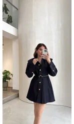 Gold Düğmeli Kemerli Denim Mini Elbise - Lacivert - Kod: 5005