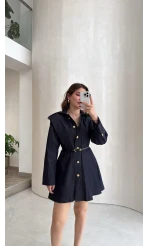 Gold Düğmeli Kemerli Denim Mini Elbise - Lacivert - Kod: 5005