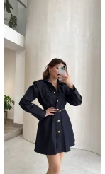 Gold Düğmeli Kemerli Denim Mini Elbise - Lacivert - Kod: 5005