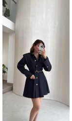 Gold Düğmeli Kemerli Denim Mini Elbise - Lacivert - Kod: 5005