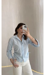 Yanı Büzgü Detay Gömlek - Mavi - Kod: 2210