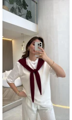 Sawa Fular Detay T-Shirt - Bordo - Kod: 1094