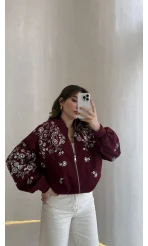 Premium Taş Pul Detaylı Pamuklu Ceket - Bordo - Kod: 99927