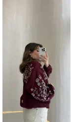 Premium Taş Pul Detaylı Pamuklu Ceket - Bordo - Kod: 99927