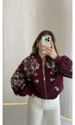 Premium Taş Pul Detaylı Pamuklu Ceket - Bordo - Kod: 99927