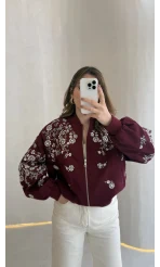 Premium Taş Pul Detaylı Pamuklu Ceket - Bordo - Kod: 99927