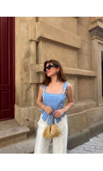 Korse Detay Askılı Crop Bluz - Mavi - Kod: 580930