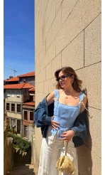 Korse Detay Askılı Crop Bluz - Mavi - Kod: 580930