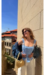 Korse Detay Askılı Crop Bluz - Mavi - Kod: 580930