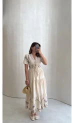 Caroline Nakış Detaylı Elbise - Bej