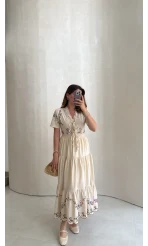 Caroline Nakış Detaylı Elbise - Bej