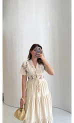 Caroline Nakış Detaylı Elbise - Bej