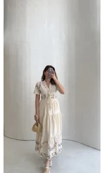 Caroline Nakış Detaylı Elbise - Bej