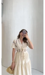 Caroline Nakış Detaylı Elbise - Bej