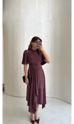 Flawless Modal Kumaş Asimetrik Kesim Etek Bluz Takım - Gül Kurusu - Kod: 0931