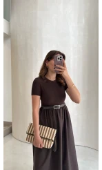 Kısa Kol Beli Lastikli Kemerli Elbise - Acı Kahve - Kod: 4113