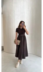 Kısa Kol Beli Lastikli Kemerli Elbise - Acı Kahve - Kod: 4113