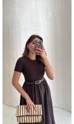 Kısa Kol Beli Lastikli Kemerli Elbise - Acı Kahve - Kod: 4113