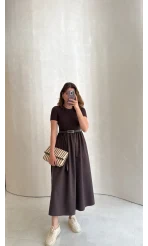 Kısa Kol Beli Lastikli Kemerli Elbise - Acı Kahve - Kod: 4113