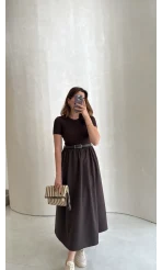 Kısa Kol Beli Lastikli Kemerli Elbise - Acı Kahve - Kod: 4113