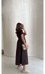 Kısa Kol Beli Lastikli Kemerli Elbise - Acı Kahve - Kod: 4113