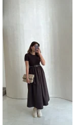 Kısa Kol Beli Lastikli Kemerli Elbise - Acı Kahve - Kod: 4113