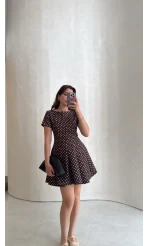 Melanie Puantiye Desenli Mini Elbise - Kahve - Kod: 0970