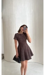 Melanie Puantiye Desenli Mini Elbise - Kahve - Kod: 0970