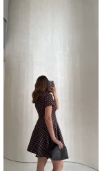 Melanie Puantiye Desenli Mini Elbise - Kahve - Kod: 0970