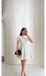 Melanie Puantiye Desenli Mini Elbise - Ekru - Kod: 0970