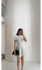 Melanie Puantiye Desenli Mini Elbise - Ekru - Kod: 0970