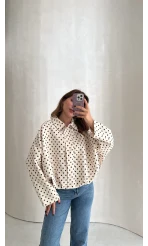 Dik Yaka Puantiyeli Bomber Ceket - Ekru - Kod: 260994